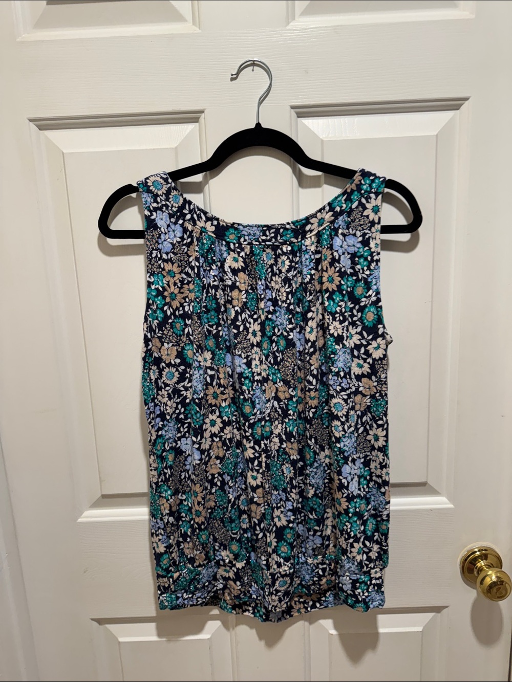 LOFT Navy Floral Tank with Teal & Light Blue Blooms